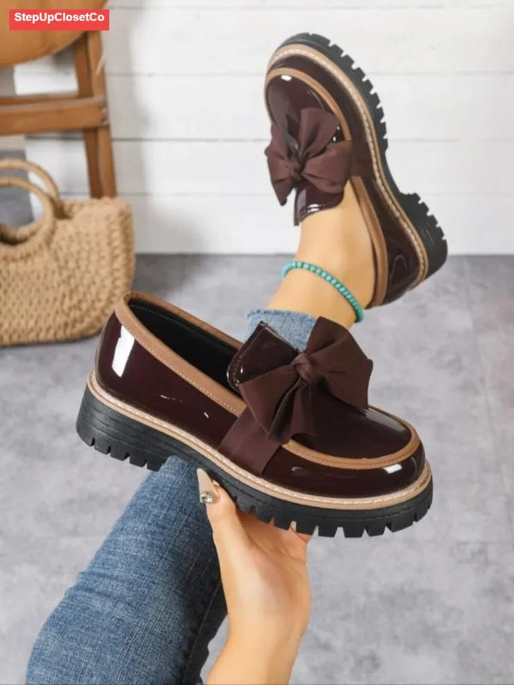 Women's Bowknot Thick Sole Loafers, Chunky Heel Lug Sole, Slip-On Patent